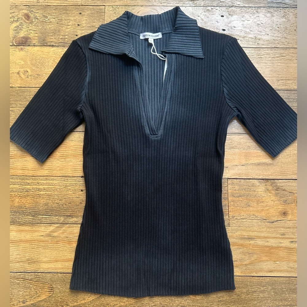 COTTON CITIZEN Ribbed Ibiza Polo Short Sleeve Tee Vintage Black in Small Preppy - Picture 5 of 12